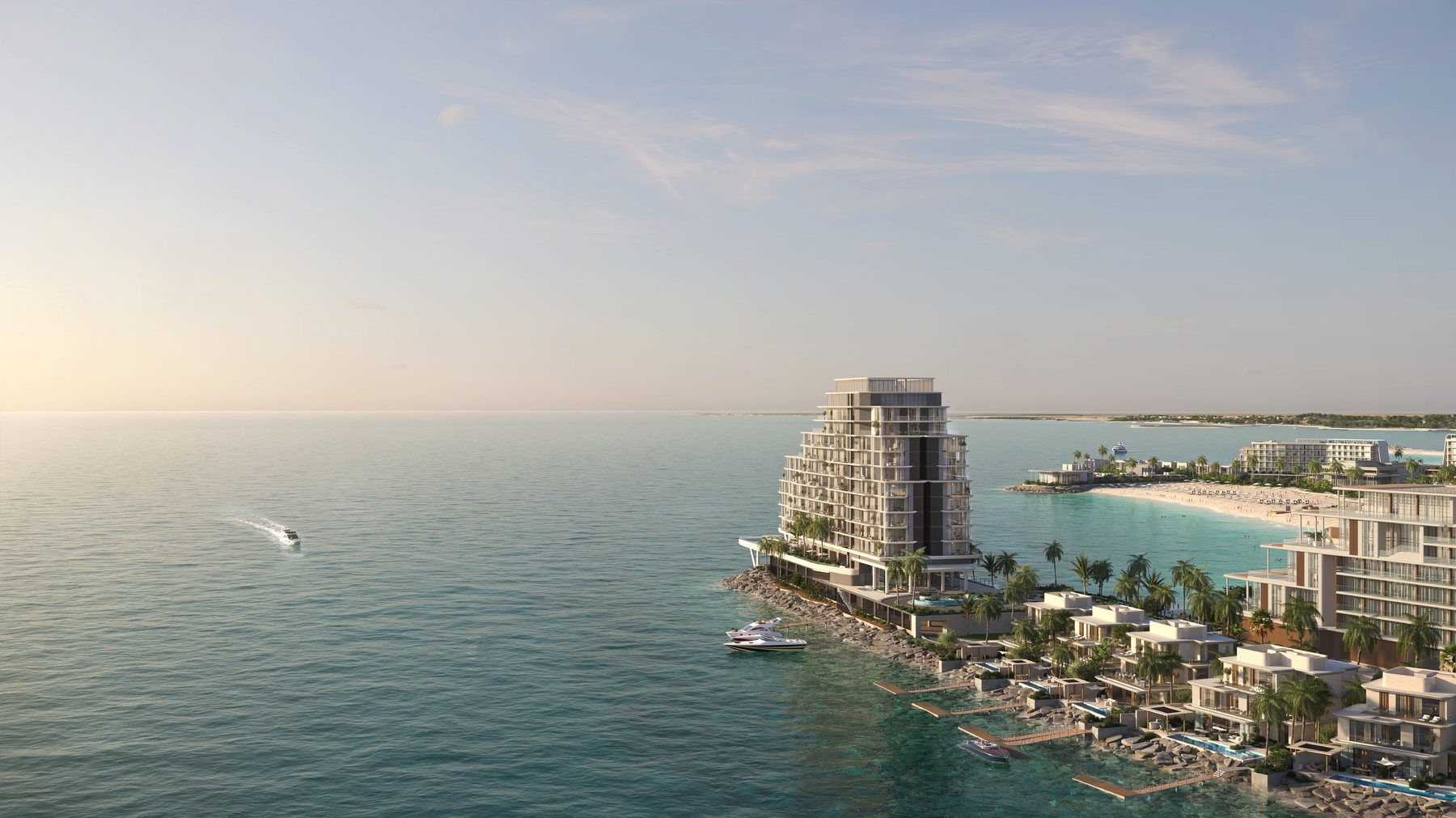 The residence facade at sunset, with planted terraces overlooking the Arabian Gulf