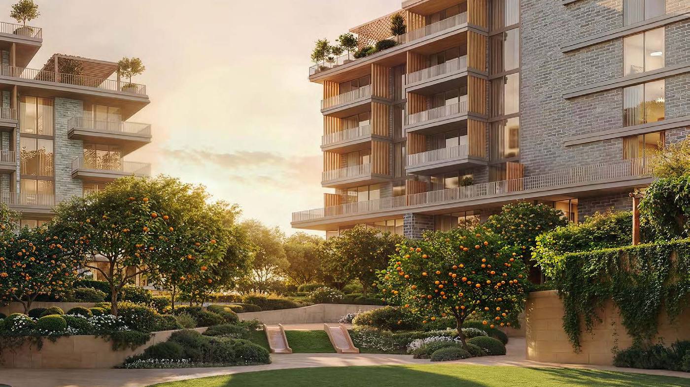 Orange trees and terraced gardens between the low-rise residences at Arancia Yards