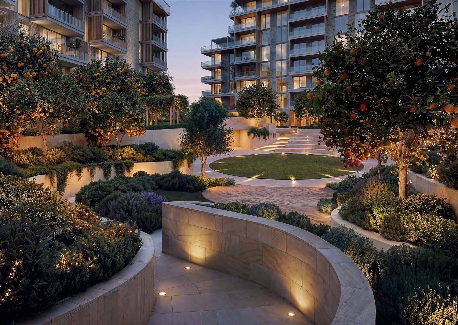 Terraced gardens and orange trees between the residences at Arancia Yards at dusk