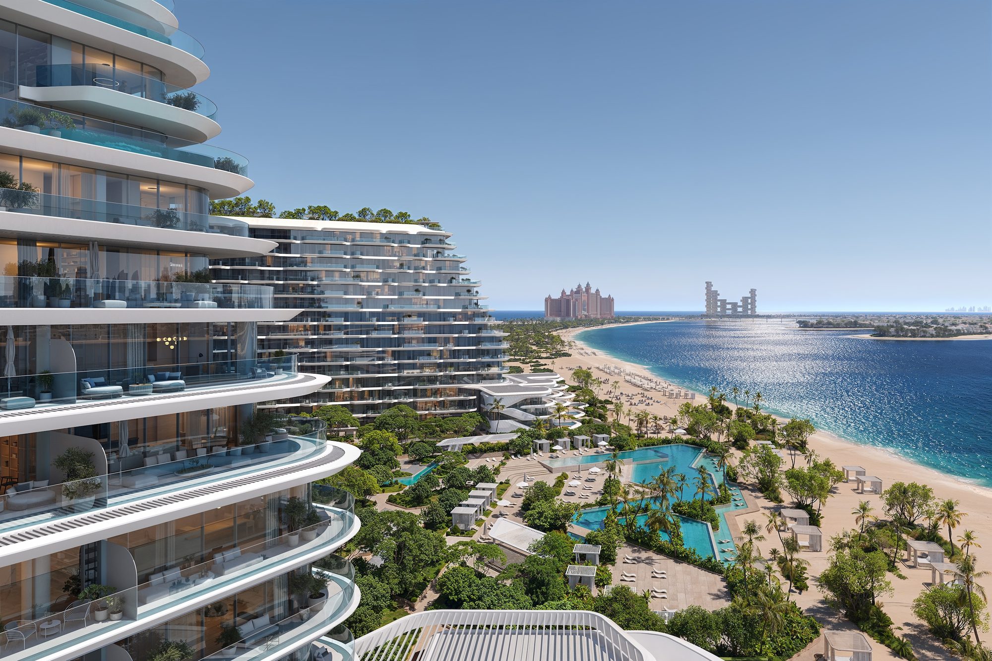 Artist's impression of the pool deck and private beach at PASSO, with Atlantis The Palm in the distance