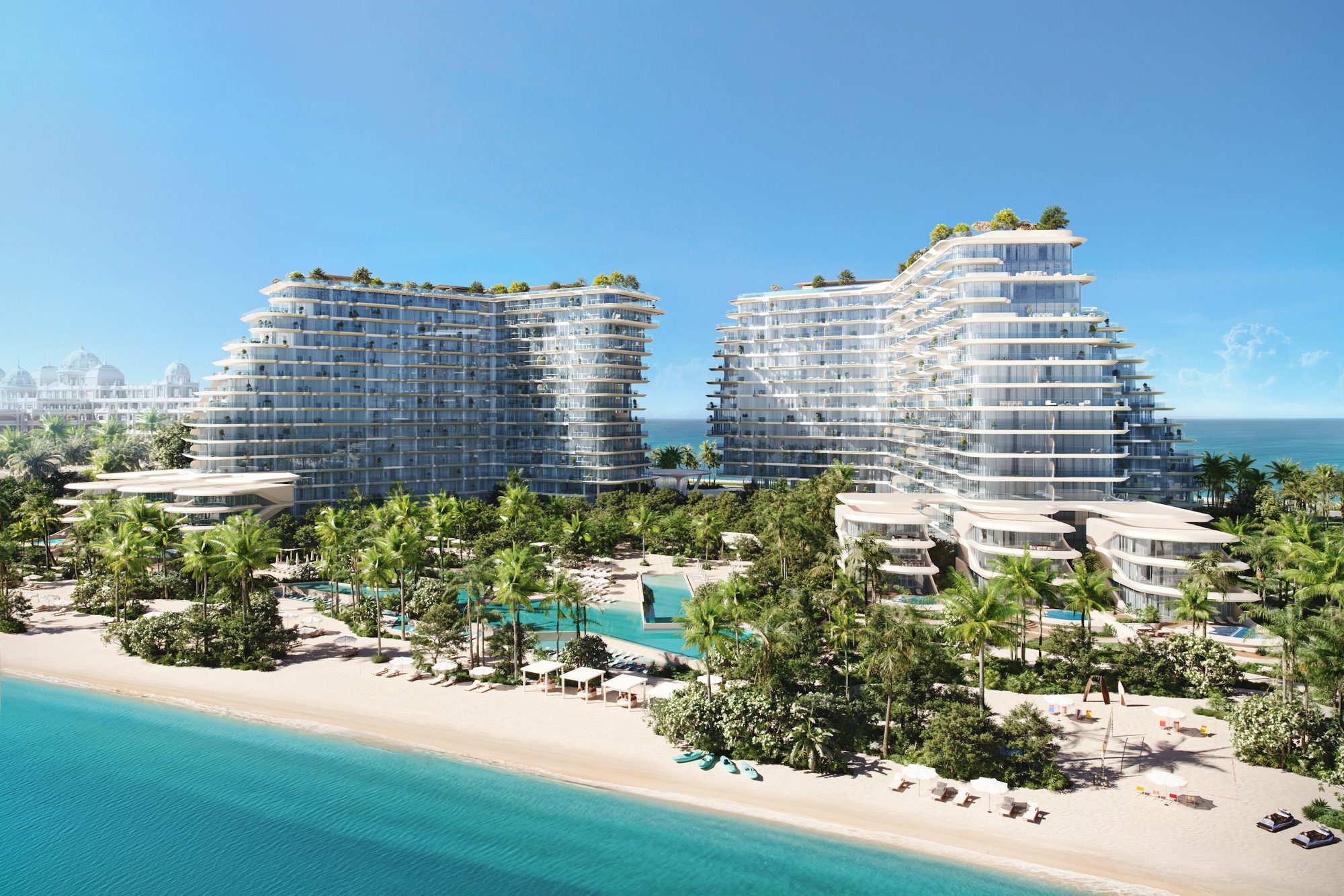 Artist's impression of the Avita and Bella towers at PASSO, seen from the beach on the West Crescent of Palm Jumeirah