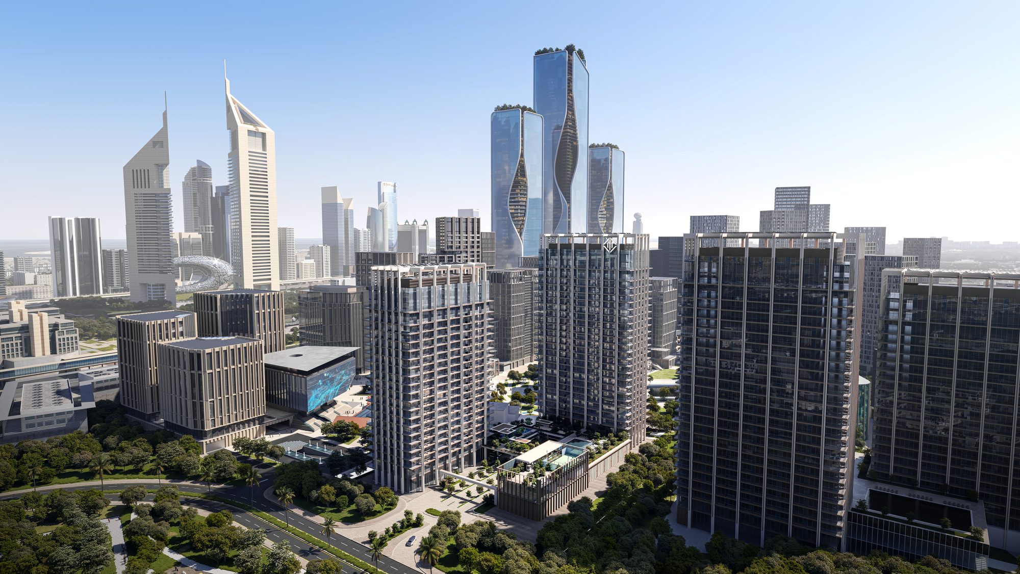 Artist's impression of The Residences within DIFC Zabeel District, with Emirates Towers and the Museum of the Future beyond