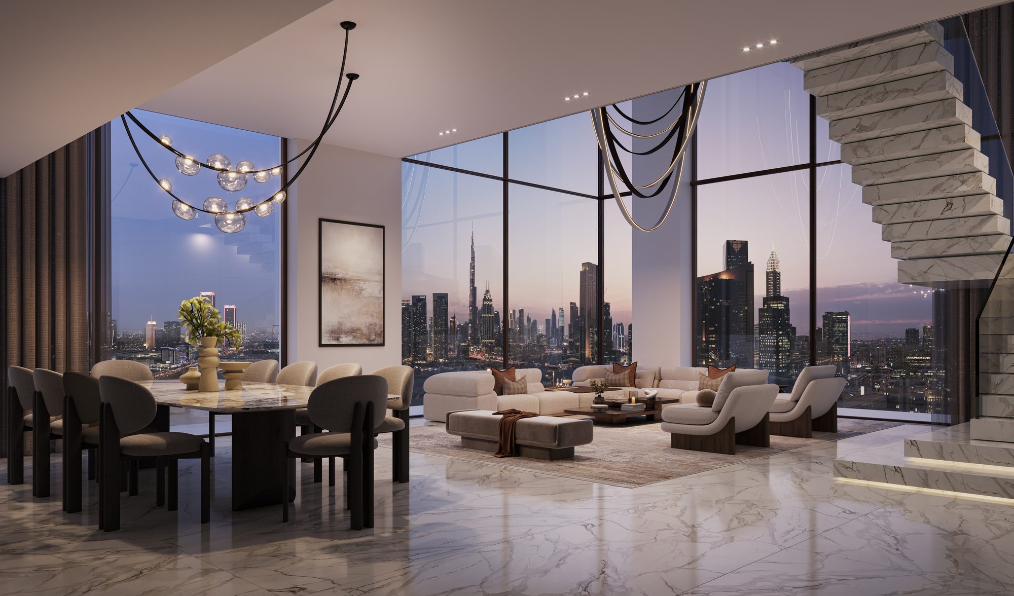 Artist's impression of a duplex penthouse living and dining room at night, with the Downtown Dubai skyline beyond