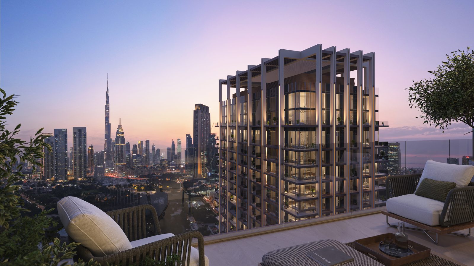 Artist's impression of a terrace at The Residences by DIFC, looking towards the Burj Khalifa at dusk