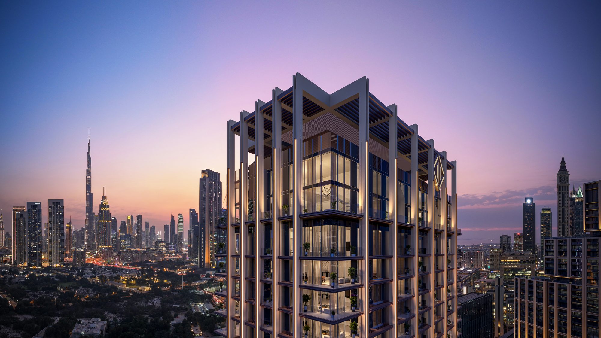 Artist's impression of The Residences by DIFC at dusk, with the Burj Khalifa on the skyline beyond