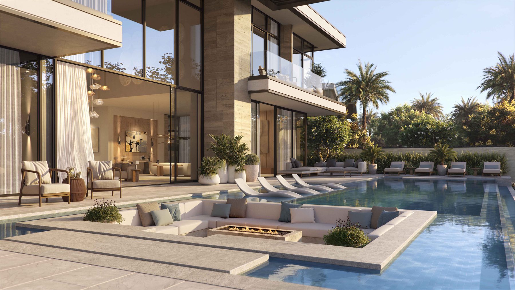 The pool and sunken fire lounge of a six bedroom villa