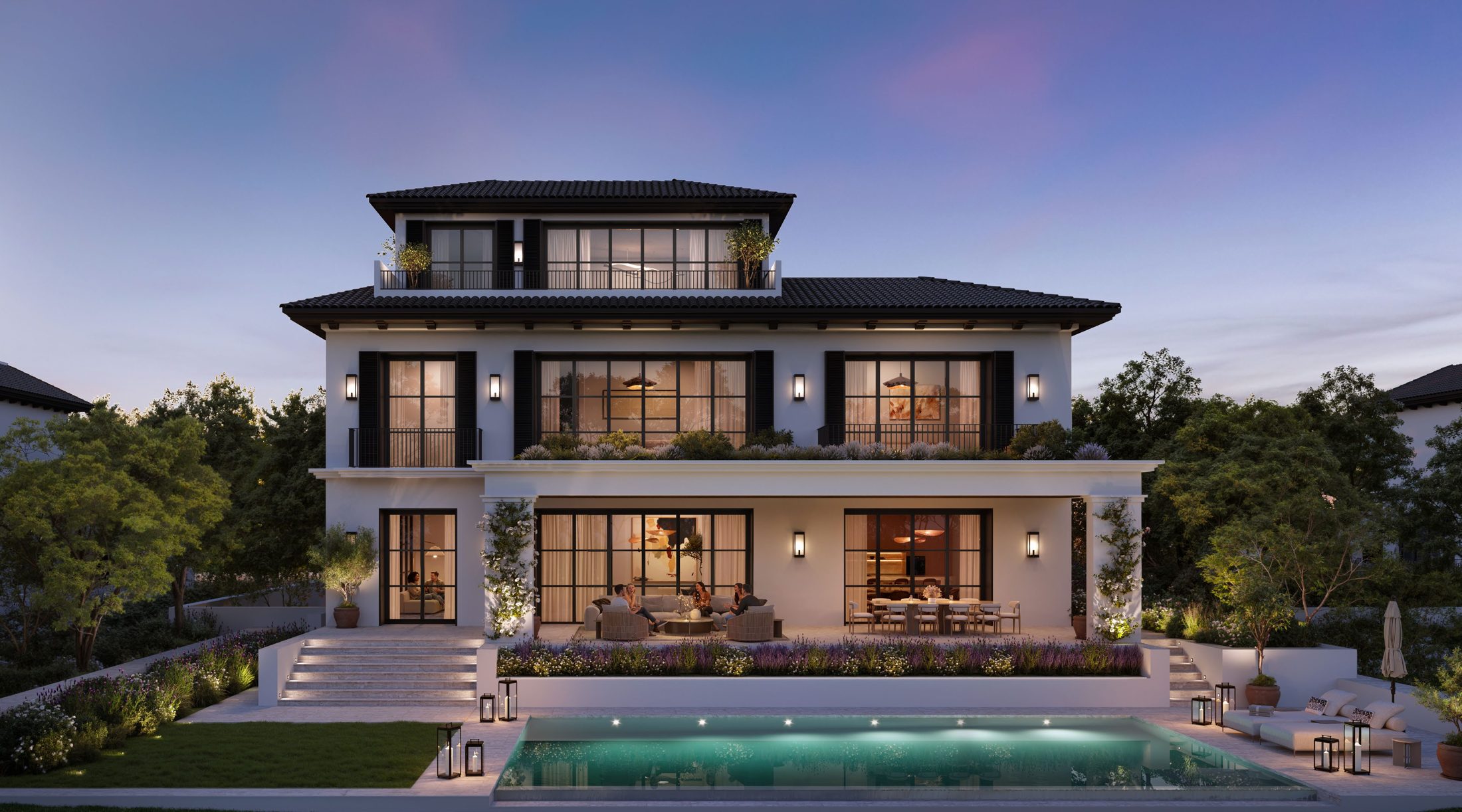 A Golf Mansion at dusk with pool and landscaped terraces