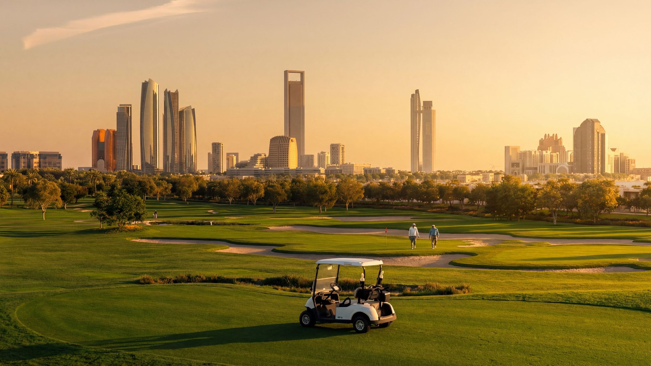 Hudayriyat Golf Estates fairways at sunset with the Abu Dhabi skyline beyond