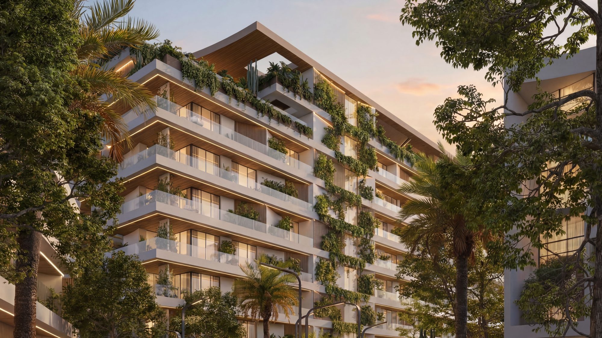 Artist's impression of a Lunaya Terraces building, with planted balconies and a timber roof canopy at dusk