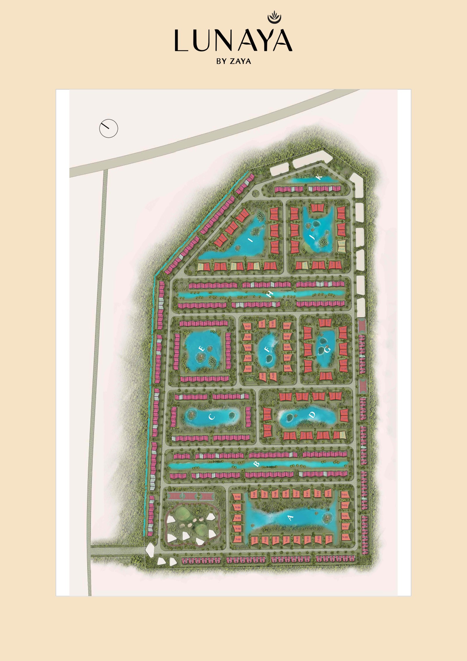 Lunaya masterplan showing clusters A to K arranged around lagoons and waterways