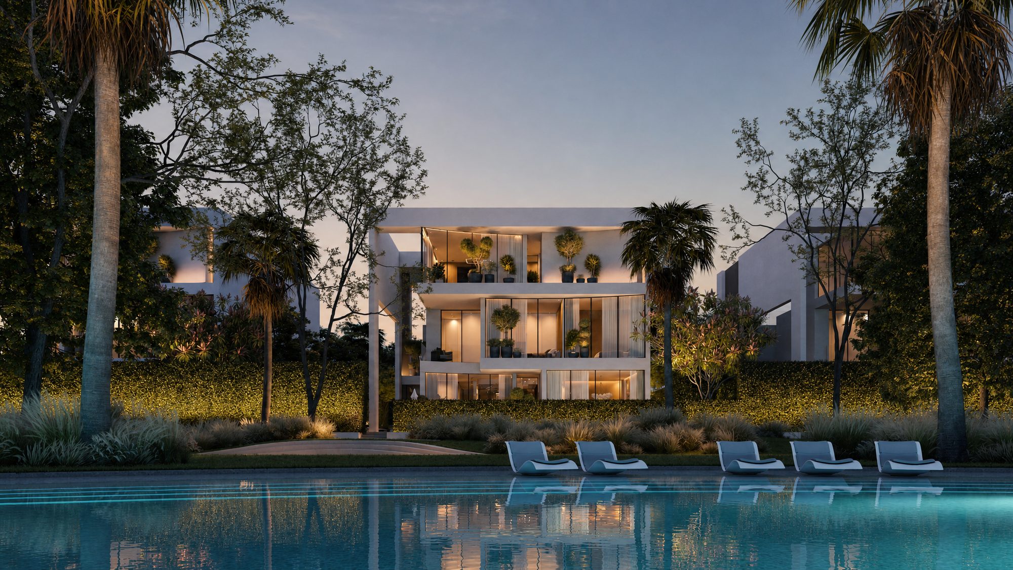 Artist's impression of a Lunaya villa beside the lagoon at dusk