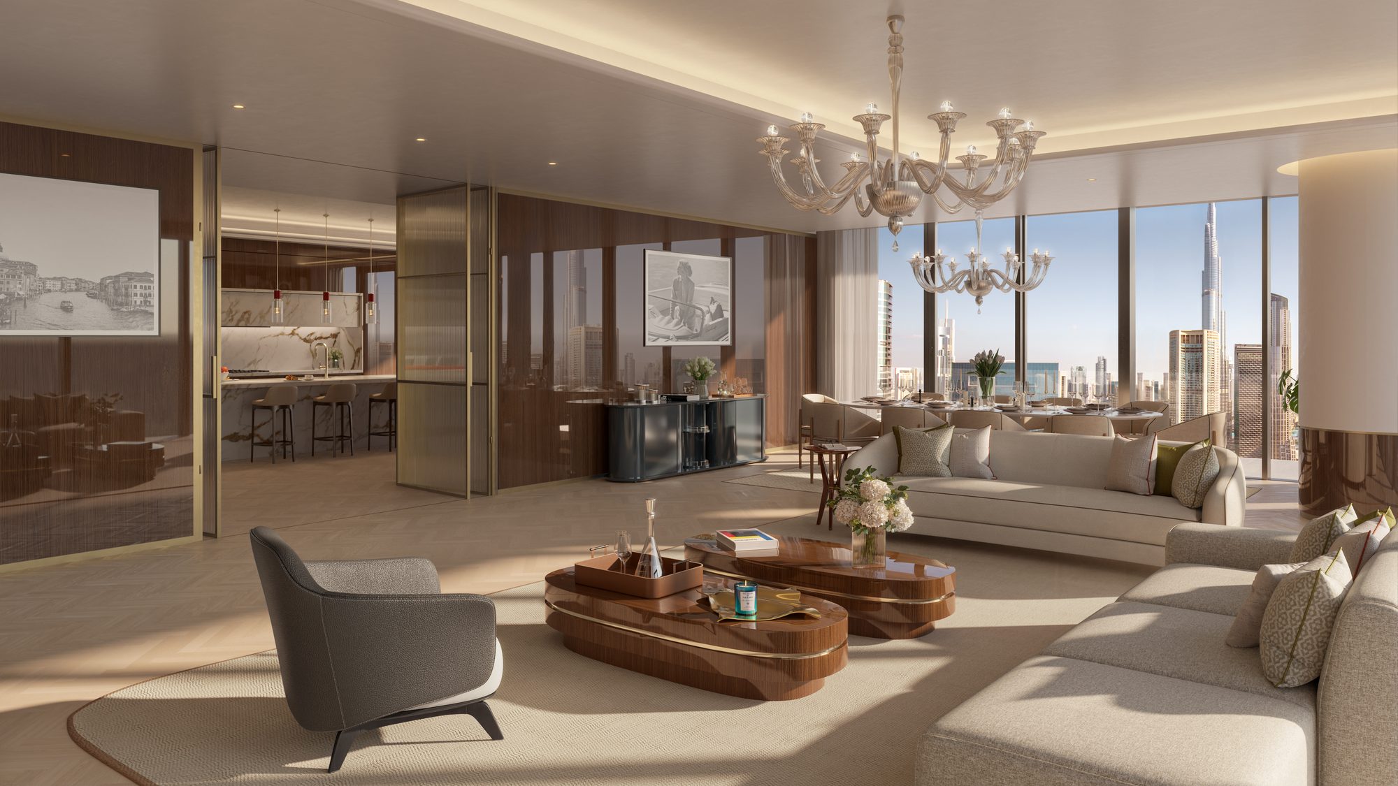 Artist's impression of a Nobile Collection great room and dining area, with the Burj Khalifa framed by floor to ceiling windows