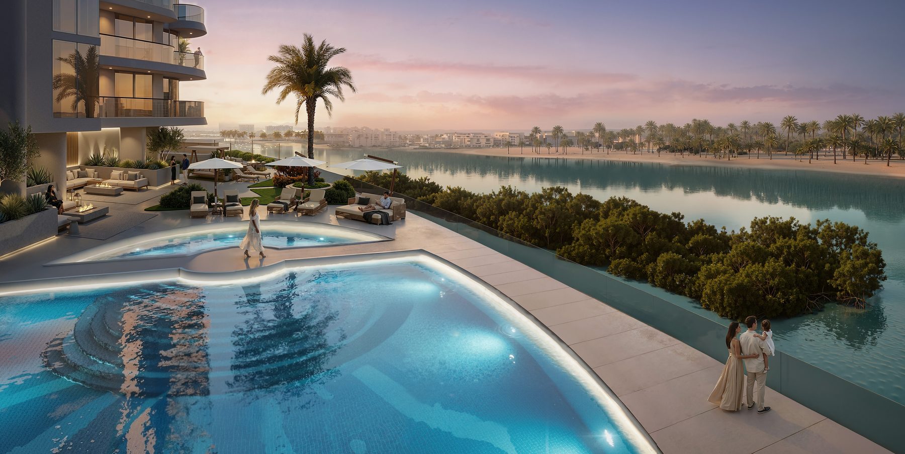 The podium pool deck at dusk overlooking the Al Reem mangroves