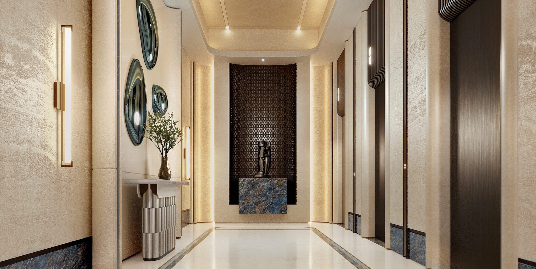 The residential lobby corridor, with stone, timber and soft lighting