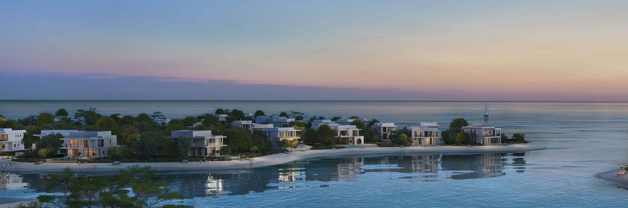 Villas along the water at Ramhan Island, Abu Dhabi, at dusk