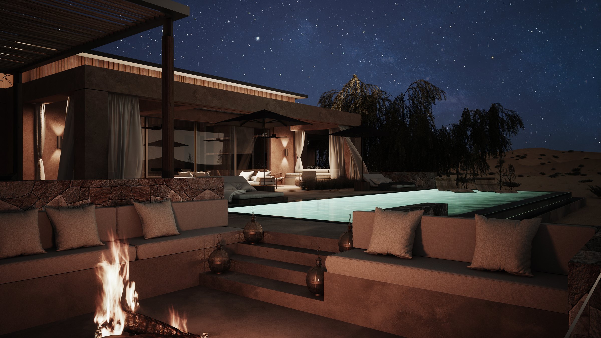 Villa terrace and infinity pool at night under a desert sky